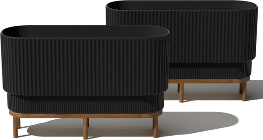 Veradek Demi Series Raised Long Planter for Indoor/Outdoor Use | Made from Plastic & Stone w/Wooden Stand | Modern Patio Décor for Flowers/Shrubs