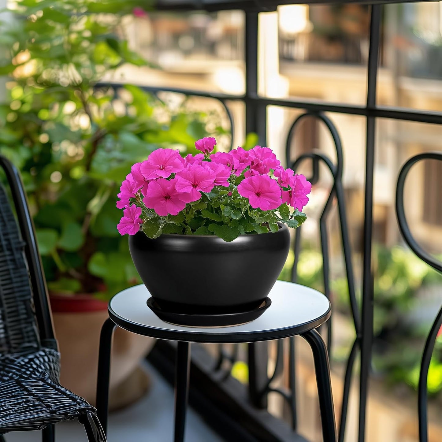 Plant Pot Large 9 Inch - Ceramic Pots for Plants with Drainage Hole and Saucer Round Planter for Indoor Plants Decorative Outdoor Flower Pot Large for House Balcony Black