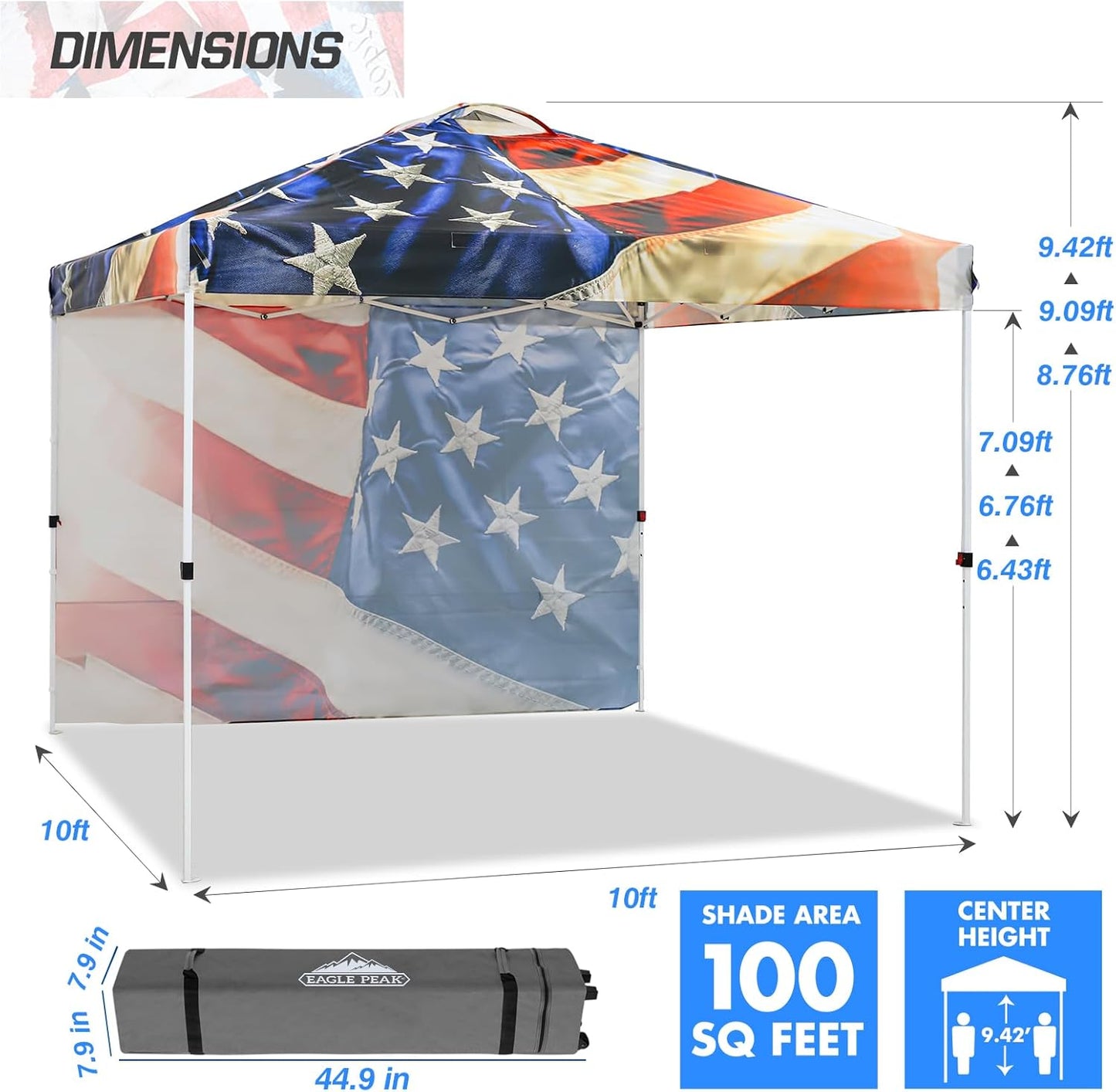 EAGLE PEAK Pop Up Canopy Tent with 1 Sidewall, Easy Setup Event Tent, Outdoor Sun Shade, Wheeled Carry Bag, Stakes and Guy Ropes, Instant Canopy 10x10, Stars and Stripes