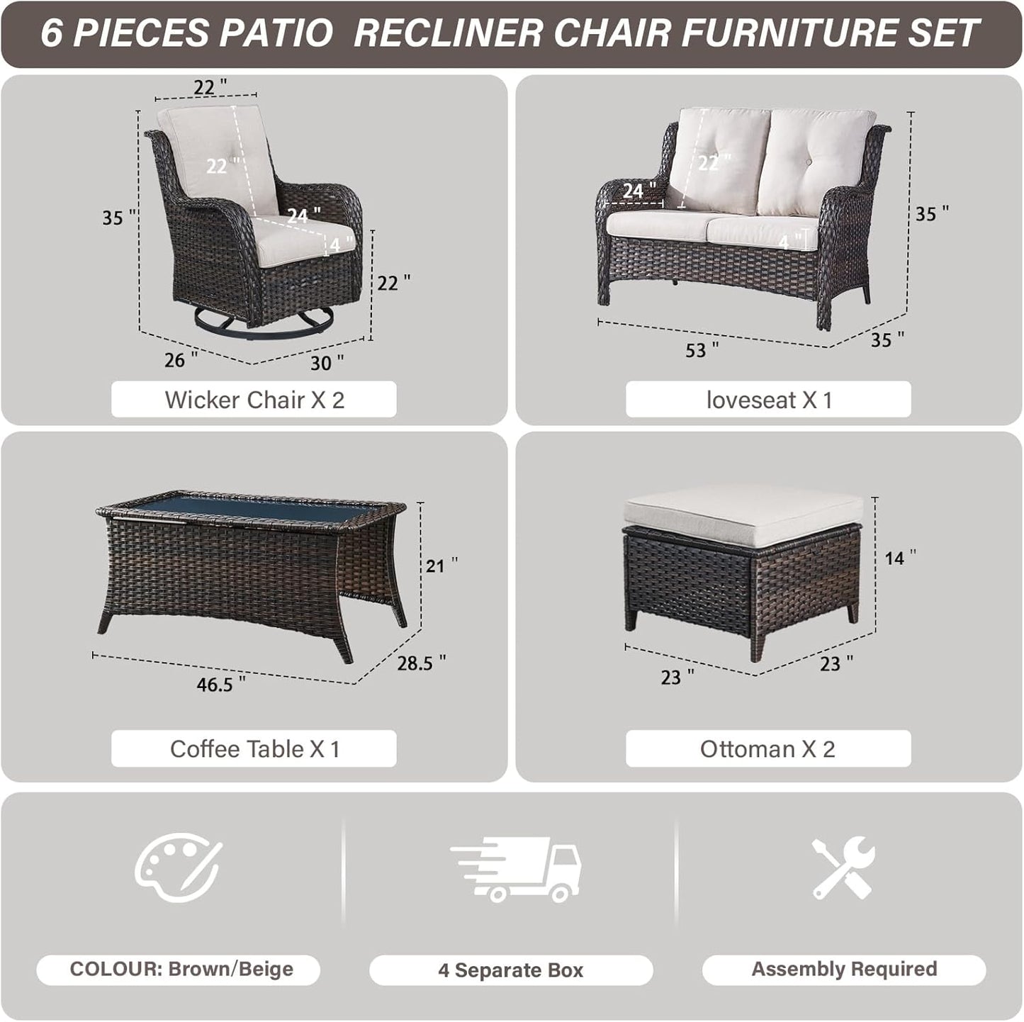 Wicker Outdoor Furniture Patio Furniture Set - 6 Piece Patio Conversation Set with Swivel Rocker Chairs, Loveseat Sofa, Ottomans and Coffee Table, Beige Cushion