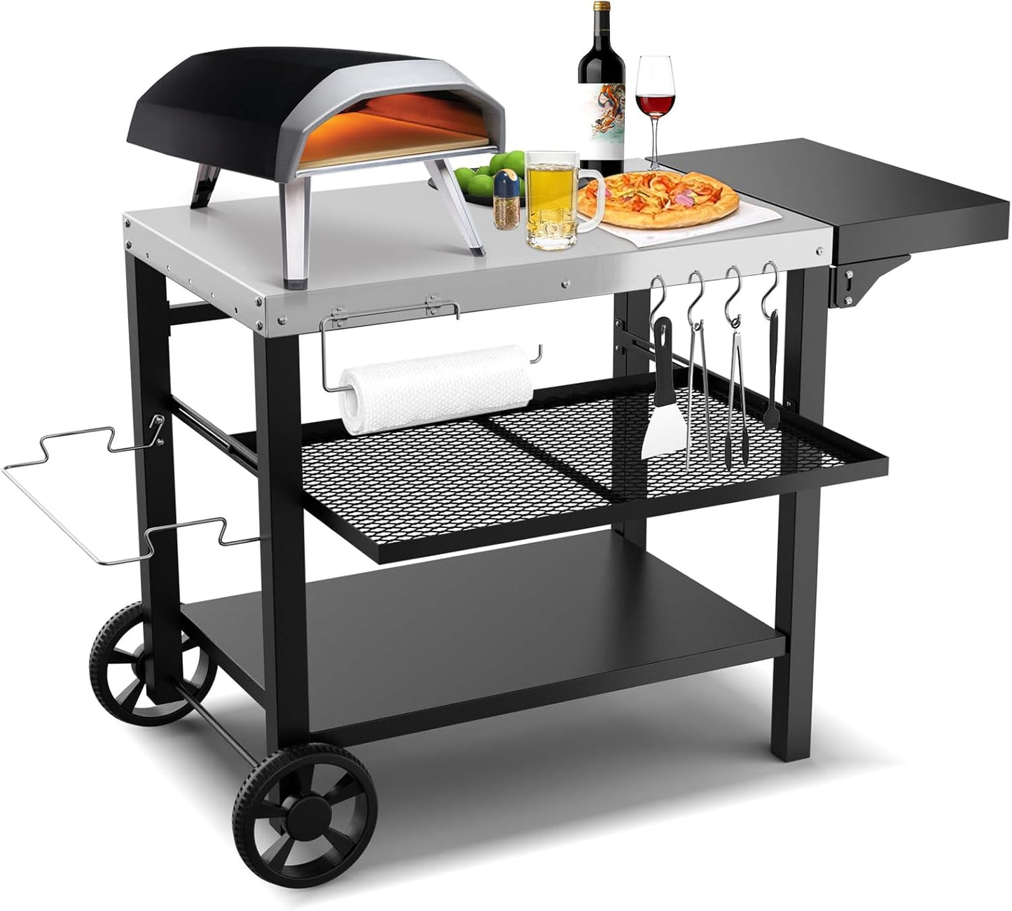 Outdoor Kitchen Island, Grill Table Cart with Drawer, Pizza Oven Stand, Movable 3-Shelf Prep Table with Side Table for Ninja Woodfire, Ooni Pizza Oven, Blackstone Griddle, Cuisinart, Cooking Station