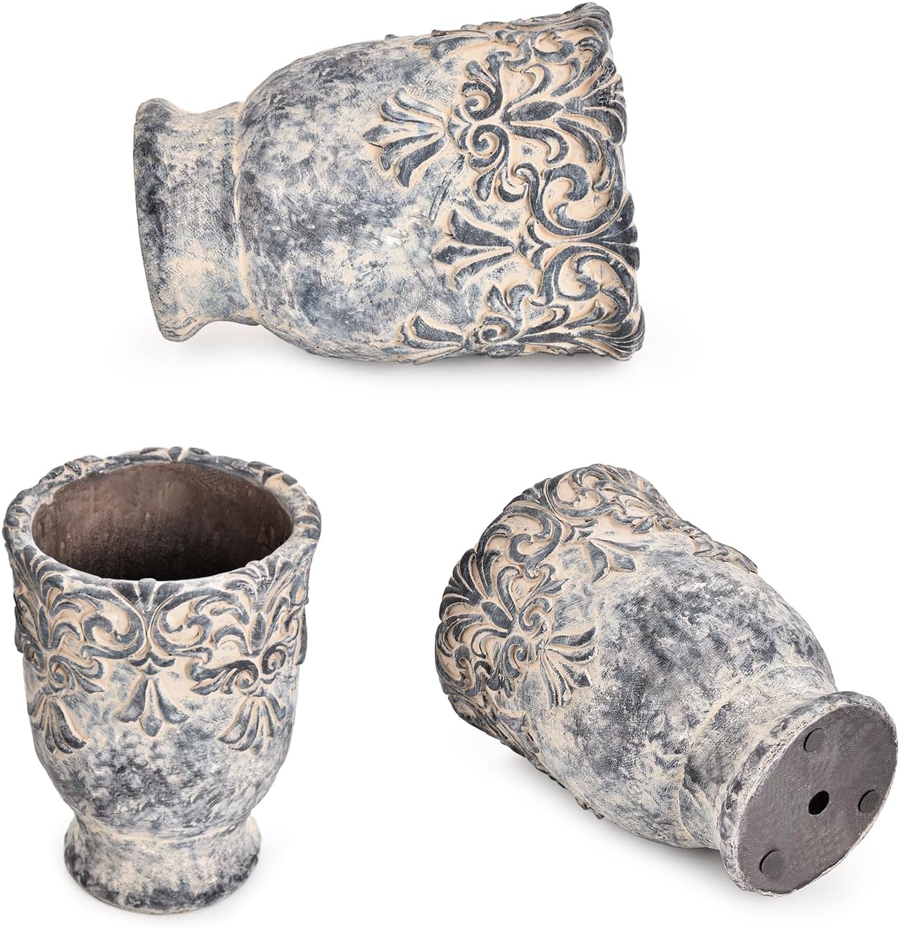 Sungmor 6.3 Inch Cement Plant Pot for Plants, Succulent Planter with Embossed Design, Vintage Concrete Flowerpots with Drainage Hole, Decorative Orchid Houseplant Pot Indoor Outdoor Plant Container