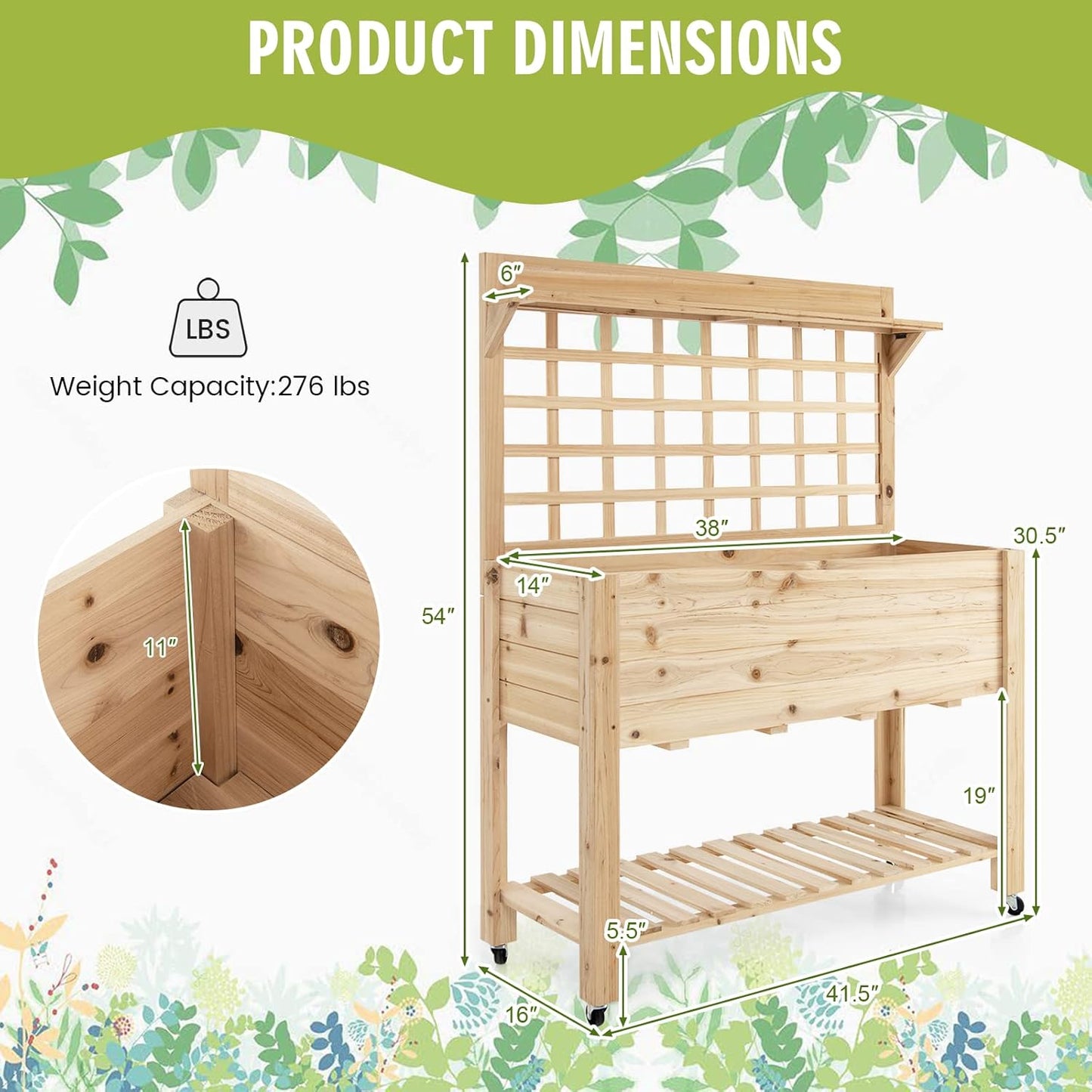 S AFSTAR Raised Garden Bed with Trellis, 41.5x16x54in Mobile Elevated Planter Box with Wheels, Bed Liner, Top/Bottom Storage Shelves, Freestanding Wood Planter Stand for Garden Patio Balcony