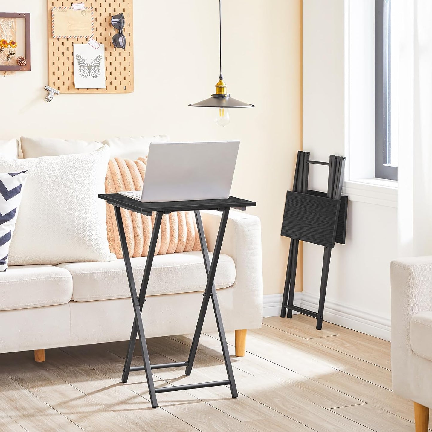 HOOBRO Folding TV Tray Table, Wooden TV Tray, Portable Sofa Side Table, Industrial Snack Table End Table for Small Spaces, Space-Saving, Easy to Install and Fold, Black BB27BZ01