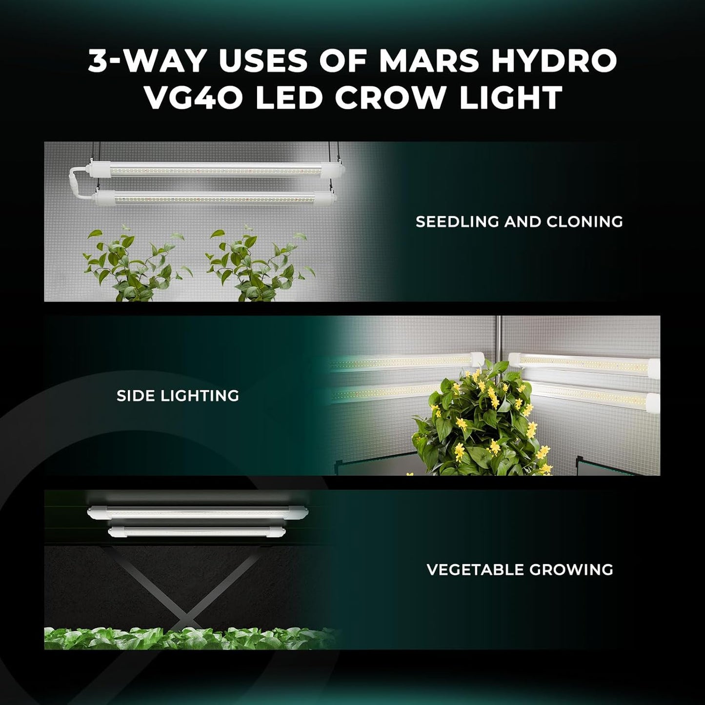 MARS HYDRO VG40, 2ft Grow Lights for Indoor Plants, 5000K Full Spectrum, 2x2 Coverage, IP65 Waterproof Linkable Under Canopy LED Plant Light Strip for Seedling Veg Flower, Plug and Play, 2-Pack 40W