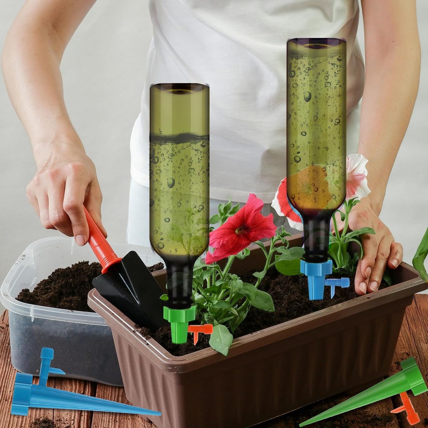 8 Set Plant Watering Devices with Self Watering Spikes and 26 oz Plastic Bottles Plant Waterer Devices with Adjustable Control Valve Switch Indoor Outdoor (Green)