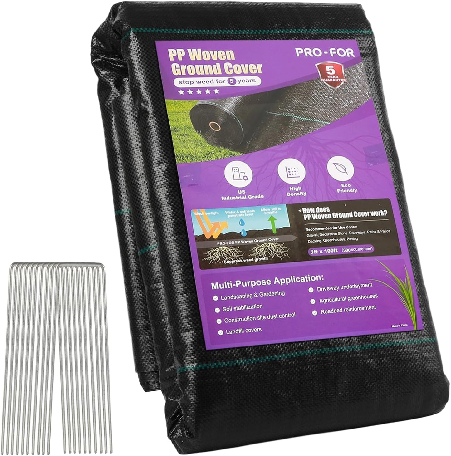 Heavy Duty Weed Barrier Fabric 3ft x 100ft, Landscape Ground Cover for Gardens & Driveways, Premium Weed Control with 10 U Shaped Staples