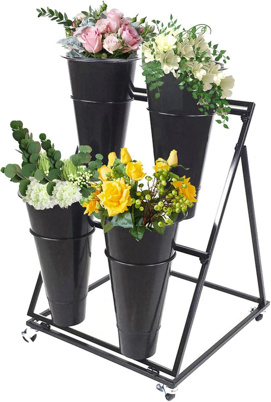 Flower Display Stand, 3-Layer Heavy-Duty Mobile Plant Cart shelve with Wheels, with Plastic Buckets, Easy to Install, Suitable for Indoor and Outdoor Balcony Courtyard Garden Art Exhibitions