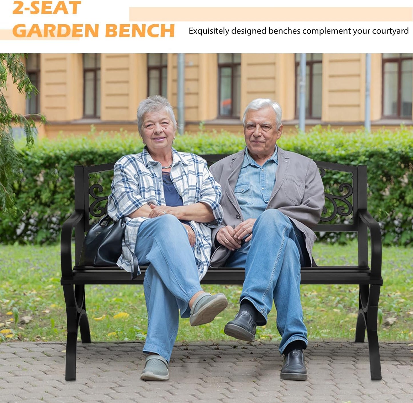 PayLessHere Black Outdoor Metal Loveseat Chairs Patio Garden Bench 50-inch Slatted Seat Armrests Floral Design Plastics Backres Perfect for Park, Yard, Porch, Lawn, Balcony, Backyard