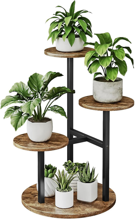 Plant Stand Indoor 4 Tier 5 Potted Multiple Flower Pot Holder for Patio Garden Balcony Living Room Corner (4 Tier Black+Rustic Brown)