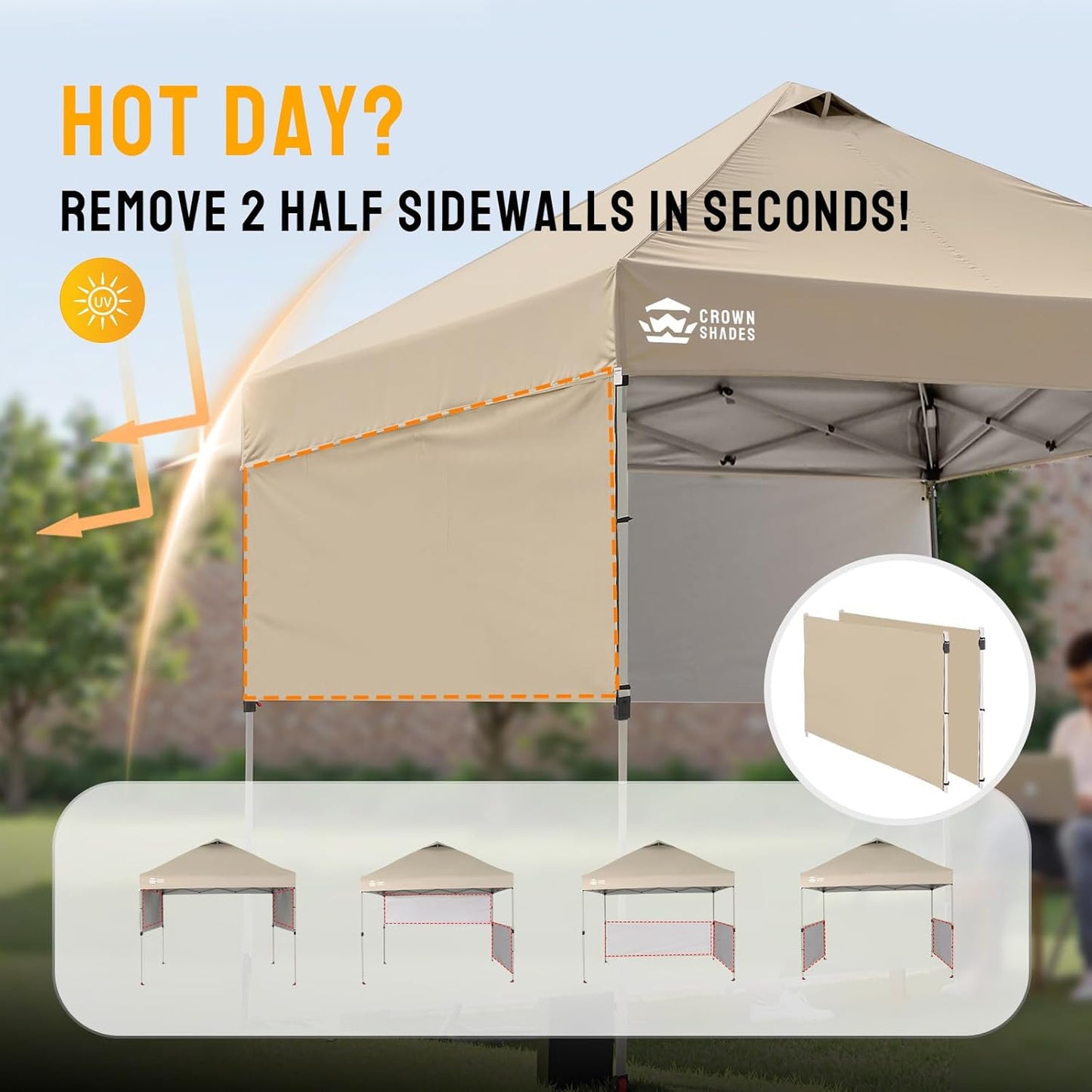 CROWN SHADES 10x10 Pop up Canopy Tent Instant Canopy with 150D Silver Coated Fabric Including 2 Half Sidewalls, 4 Ropes, 8 Stakes, 4 Weight Bags, STO 'N Go Bag, Beige