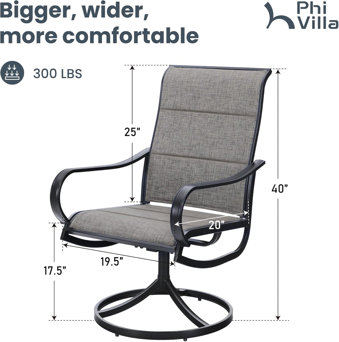 PHI VILLA Patio Swivel Dining Chair, Outdoor Metal Chairs with Padded Textilene, All Weather Patio Chair for Lawn Garden Poolside, Set of 8