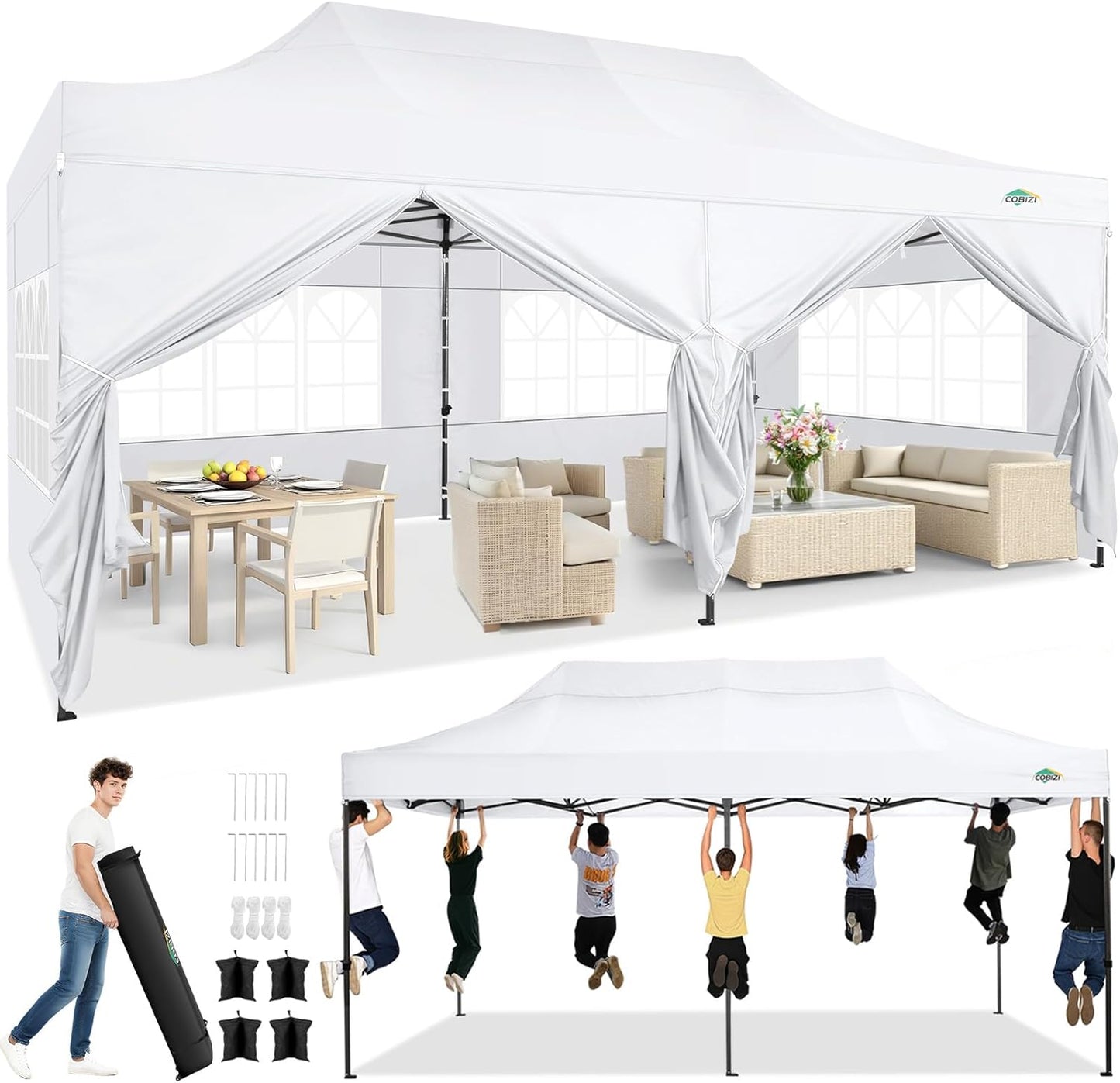 COBIZI 10x20 Pop up Canopy Heavy Duty with 6 Sidewalls, Easy Set-up Commercial Outdoor Party, 100% Waterproof Wedding Canopy Gazebo, 3 Height Adjustable with Wheeled Bag,White