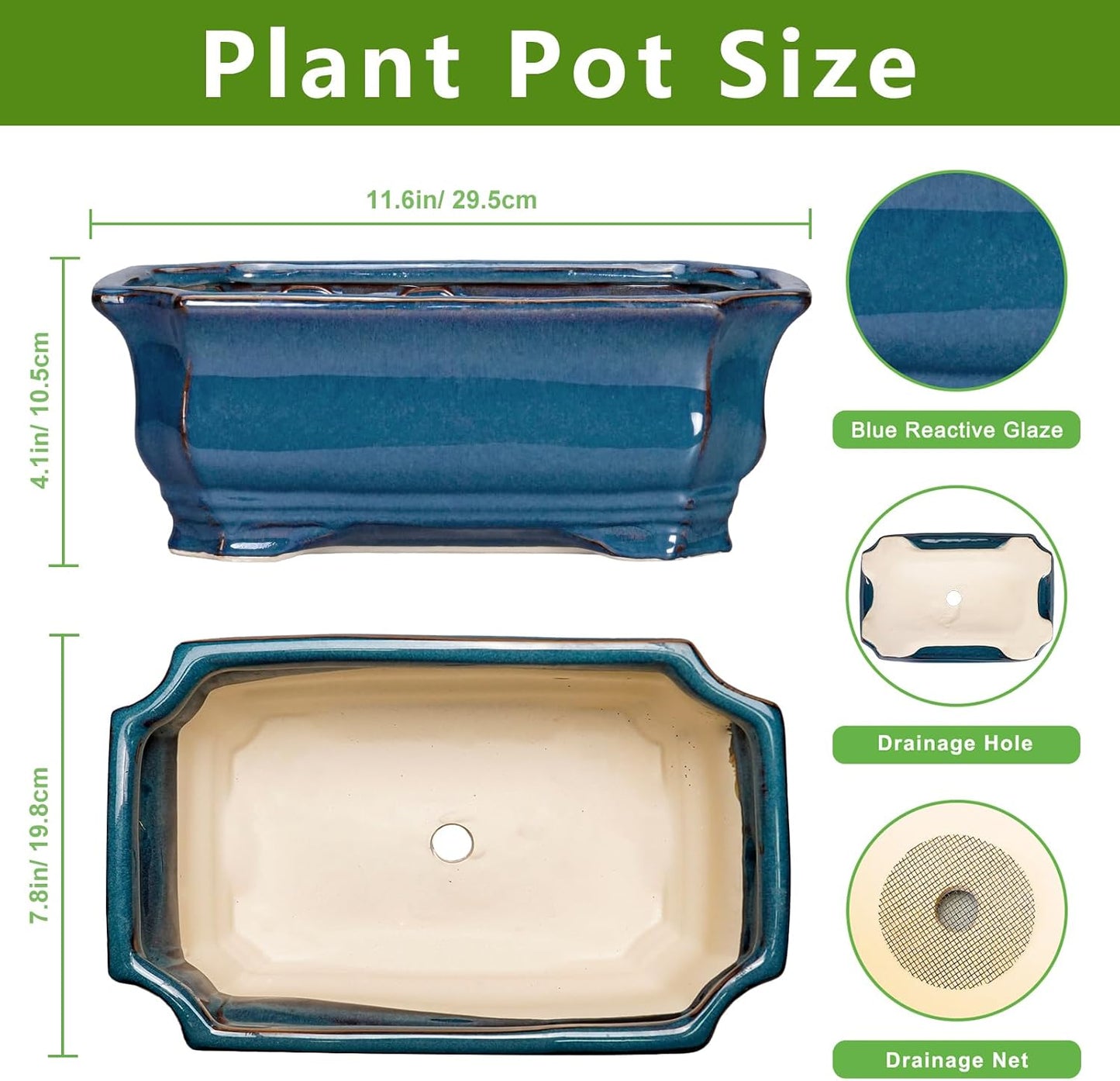 Bonsai Pots 11.6 Inch - Ceramic Succulent Pots with Drainage Hole, Rectangular Planter for Indoor Outdoor, Decorative Ceramic Flower Pot, Home Garden Room Decor, Plant Lover Gifts, Retro Blue