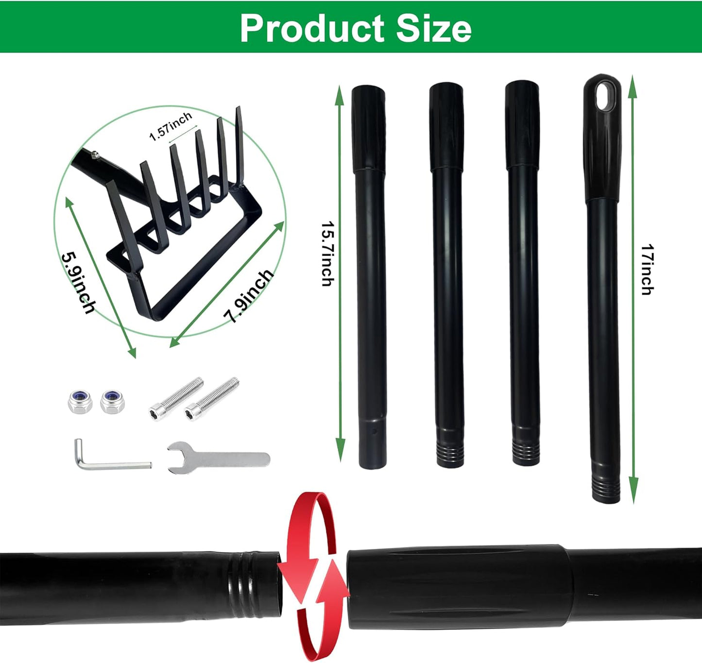 6-Tines Rake and Stirrup Hoe, Metal Garden Hula Hoes Tiller Rake Tool with Adjustable Long Handle, Action Scuffle Loop Hoe for Weeding, Digging, Loosening Soil