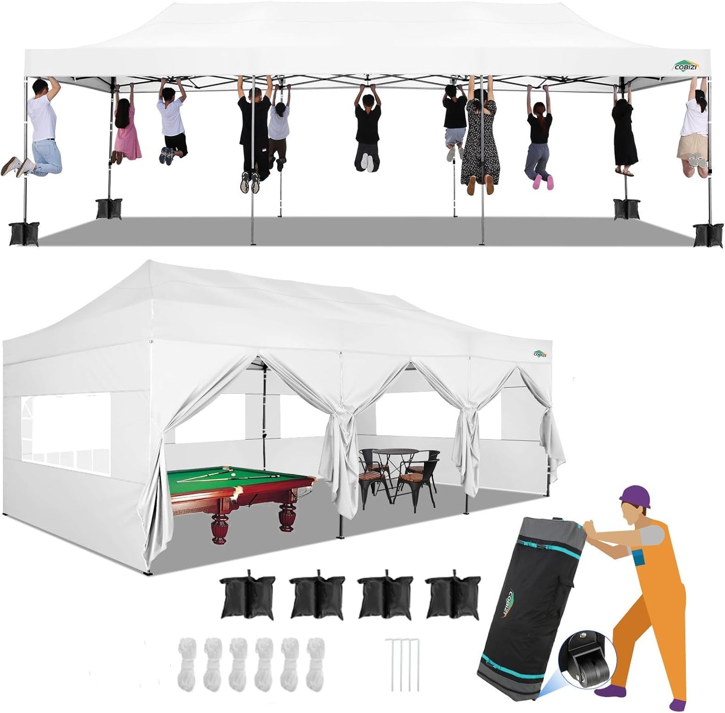 COBIZI 10x30 Pop up Canopy Tent 10x30 Canopy with Sidewalls, Heavy Duty Party Tent Tents for Parties, Foldable UPF 50+ Waterproof Commercial Easy up Canopy with Roller Bag, White(Windproof Upgraded)