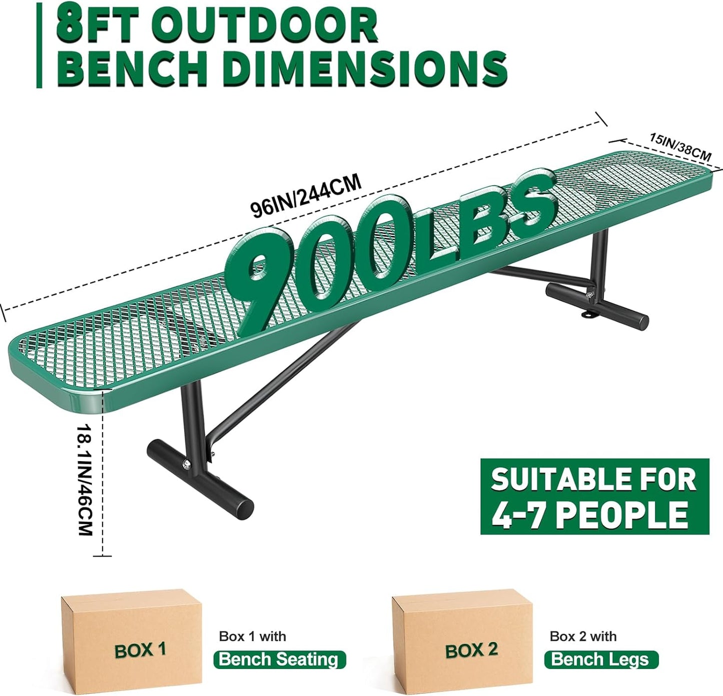 Thermoplastic Coated Iron Park Bench for Outside, Heavy Duty Metal Garden Bench, Expanded Commercial Grade Seating for Shopping Malls, Lawn Yard Porch Entryway (Green without Backrest, 96IN)