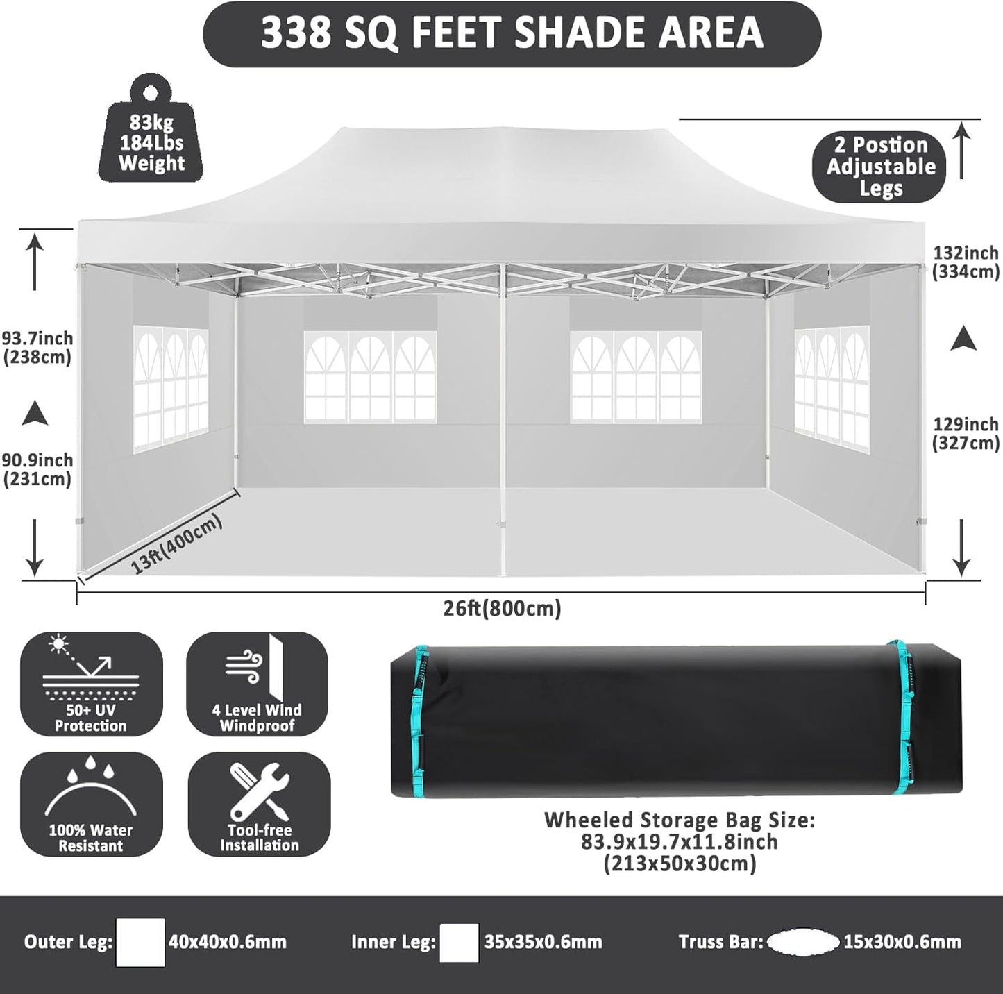 COBIZI 13x26 Pop Up Canopy with 6 Sidewall,Heavy Duty Canopy UPF 50+ All Season Wind Waterproof Commercial Outdoor Wedding Party Tents for Parties Canopy Gazebo with Roller Bag(13 x 26 ft White)