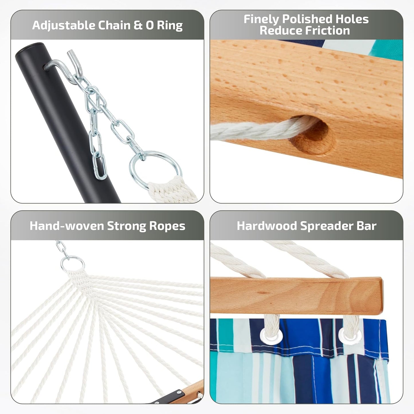 Two Person Hammock with Stand Heavy Duty, Outdoor Patio Hammock with Portable Steel Stand, Large Double Hammocks,480lbs Capacity.(Blue Stripes)