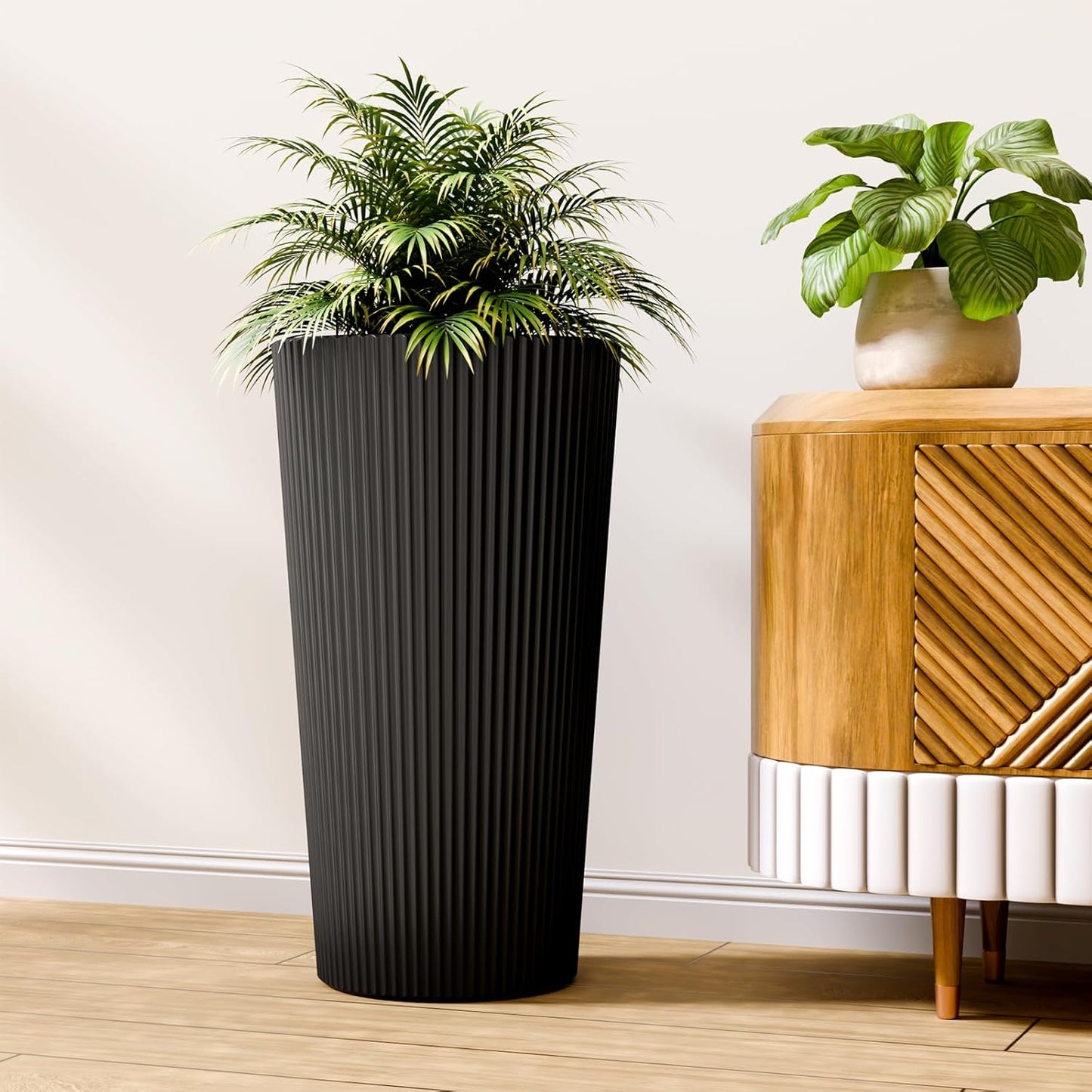 23.6" Tall Outdoor Planters, Set of 2 Large Plastic Flower Pots for Indoor & Outdoor Use, Modern Striped Decorative Garden Planters with Drainage Holes for Patio, Porch, Balcony, Black