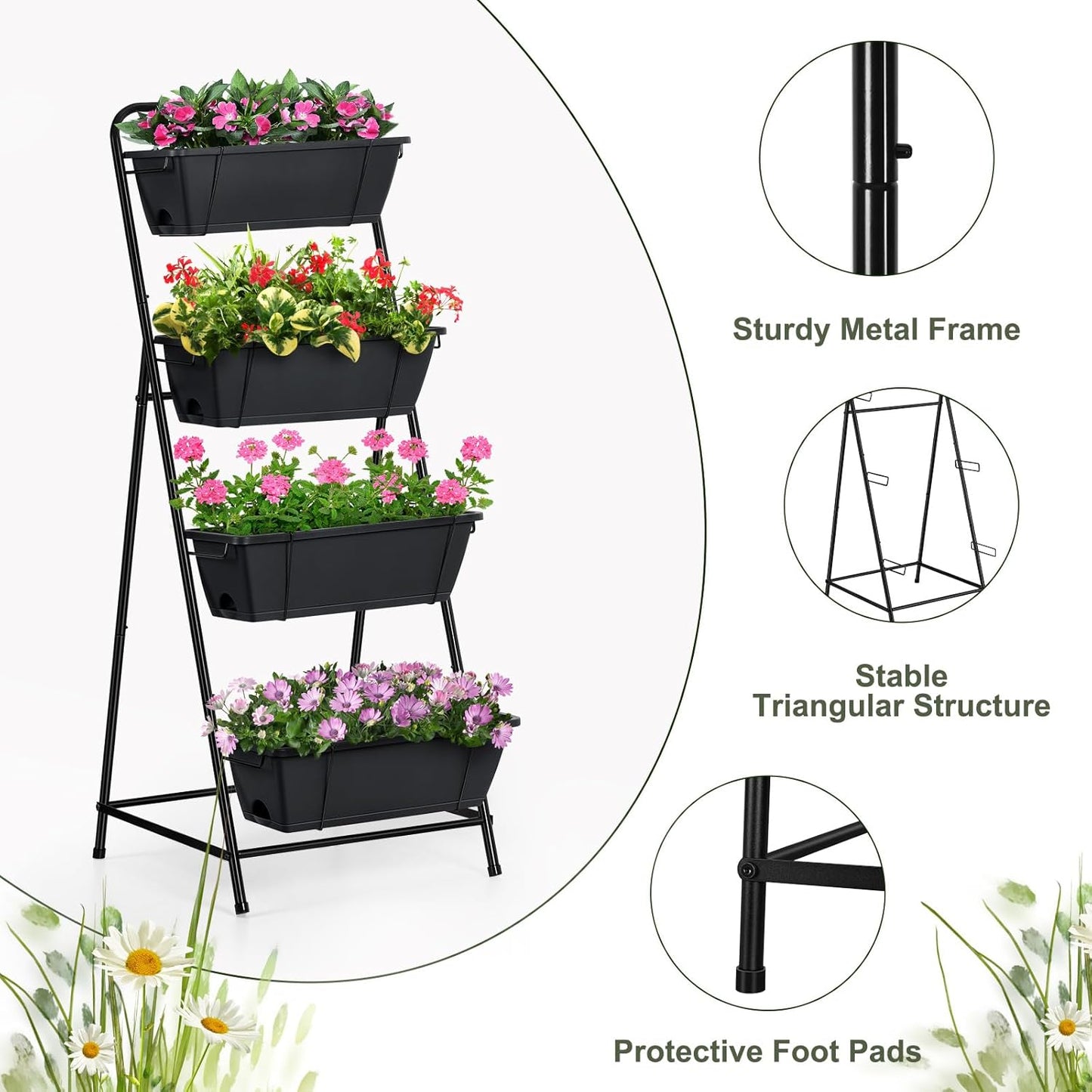Vertical Garden Planter 4 Tier Planters for Outdoor Plants Vertical Raised Garden Bed with Drainage Holes Herb Garden Planter Outdoor Indoor Patio Yard Balcony (Black)