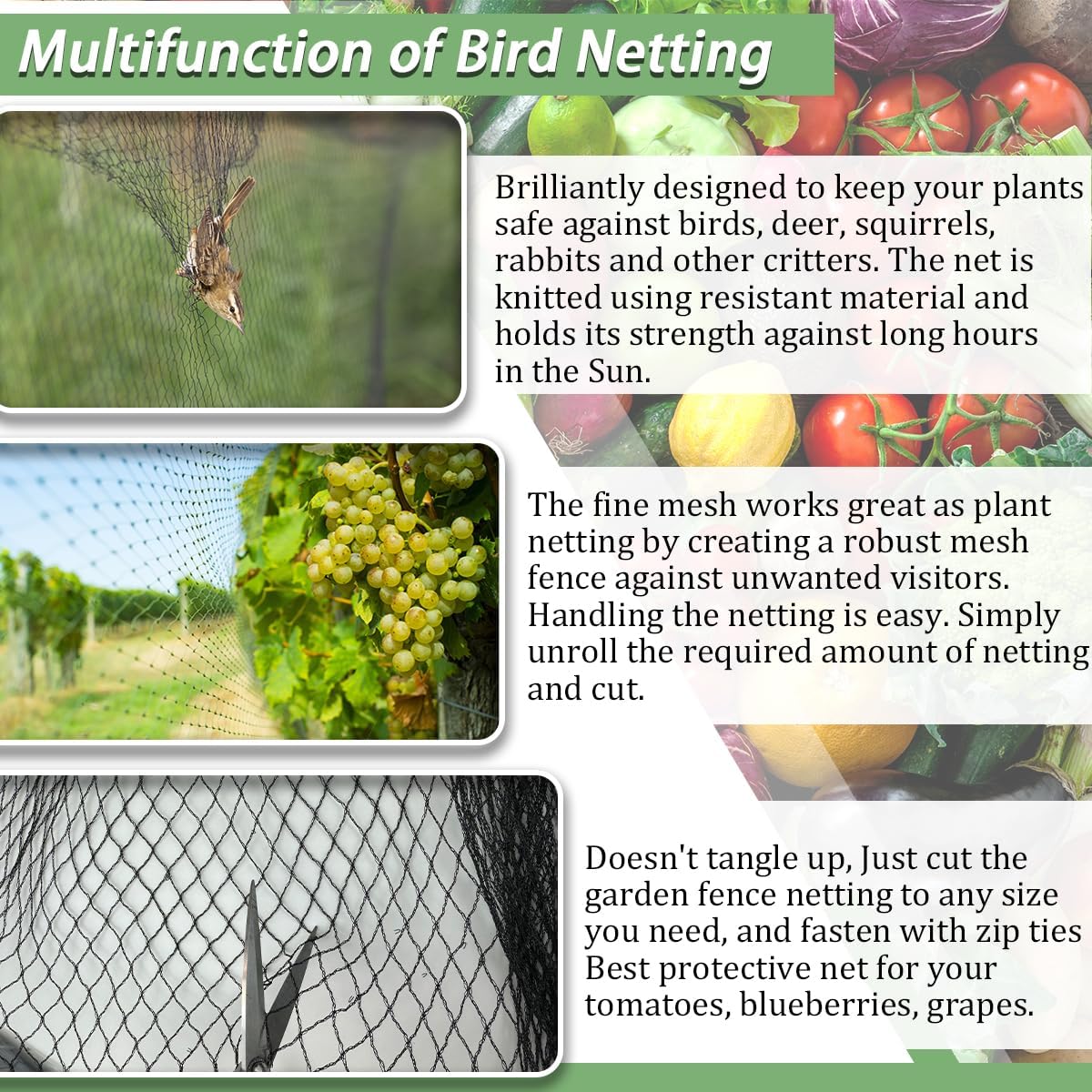 Bird Netting，10 x 10 FT Garden Netting Bird Net for Chicken Coop, Poultry Netting Fence for Fruit Trees, Plants and Vegetables Against Birds, Deer, Squirrels and Other Animals