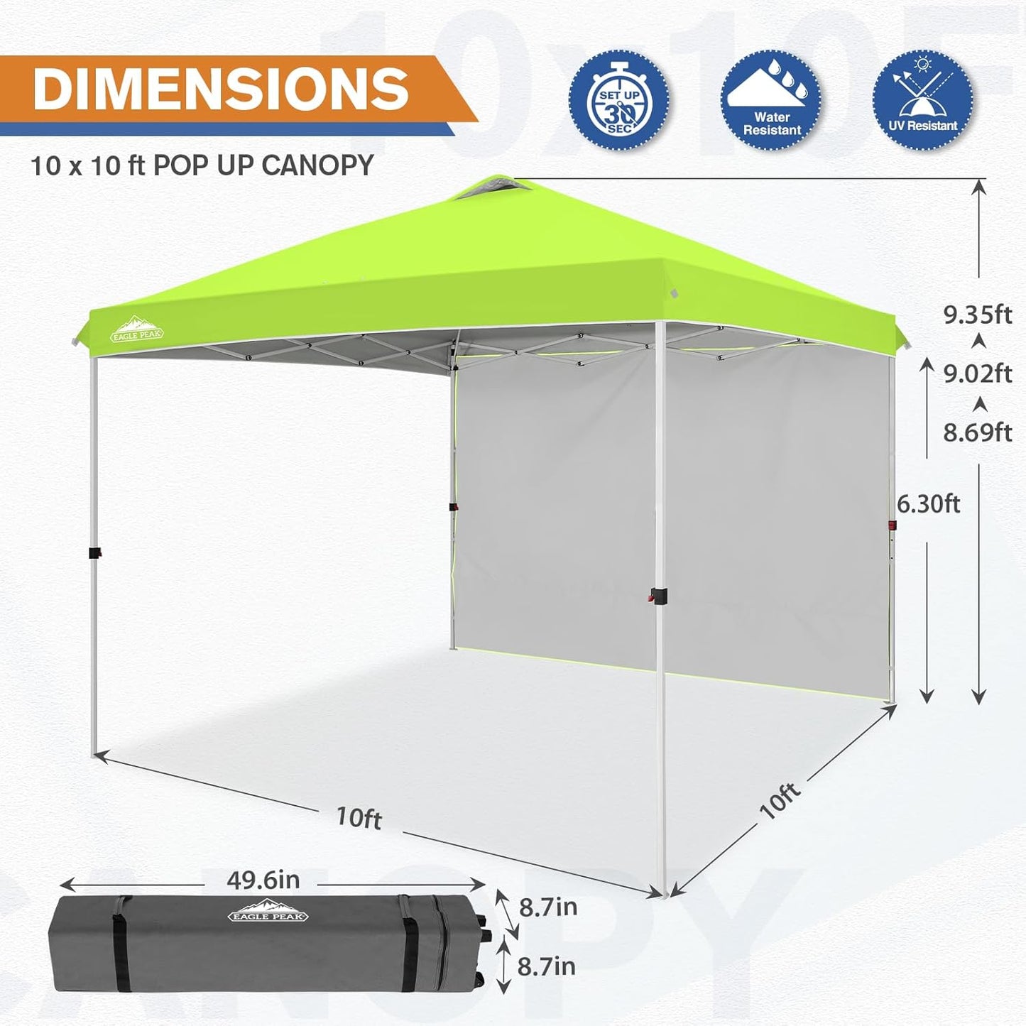EAGLE PEAK Pop Up Canopy Tent with 1 Sidewall, Easy Setup Event Tent, Outdoor Sun Shade, Wheeled Carry Bag, Stakes and Guy Ropes, Instant Canopy 10x10, Neon Green