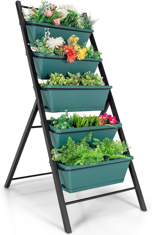 Giantex Vertical Planter Raised Bed, Elevated Garden Beds with Water Drainage Hole, Freestanding 5 Container Boxes for Herb Vegetables Flowers Growing, Outdoor Indoor Patio Balcony (Green, 1)