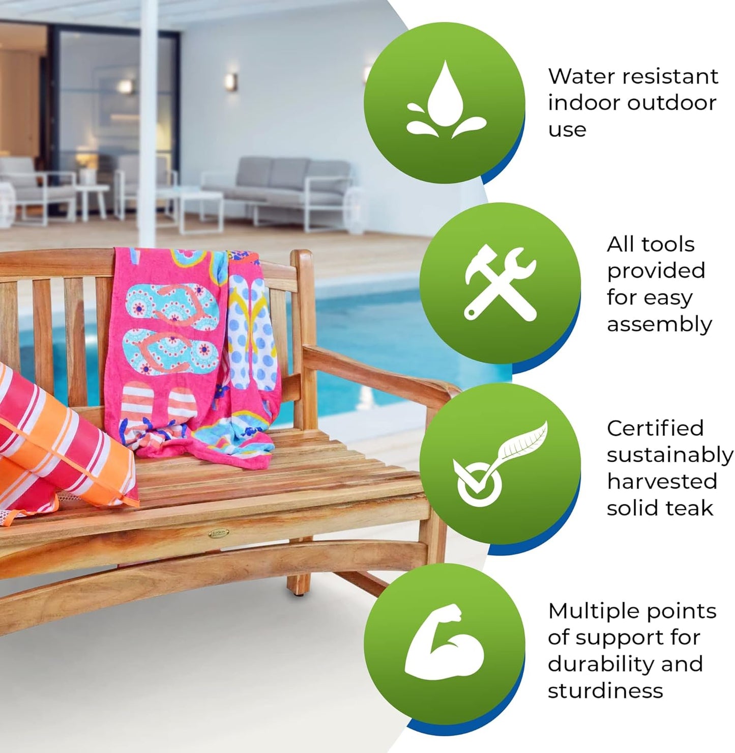 EcoDecors Kent 51 inch Outdoor Bench Teak Wood Garden Bench for Patio with Armrests and Backrest for Indoor Use and Outdoor, in Natural Color