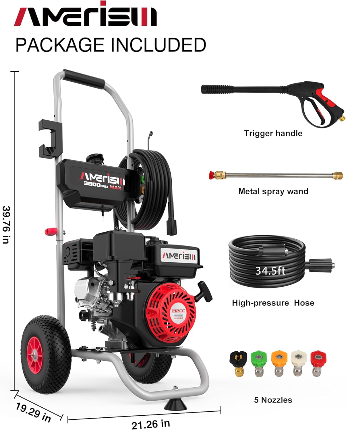 Gas Pressure Washer 3800 PSI and 2.5 GPM, 212CC, with Onboard Soap Tank, 10" Wheel, 5 Nozzle Set, for Cars/Fences/Homes/Patios/Furniture
