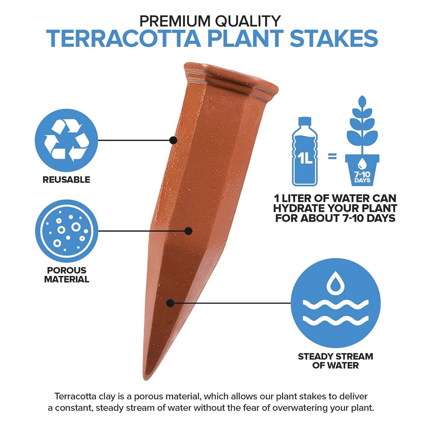 Modern Innovations Ceramic Terracotta Self Watering Spikes (6 Pack) Vacation Automatic Plant Waterer Devices, Indoor/Outdoor Planter Insert, Terra-Cotta Stakes for Potted Plants, Auto-Water System