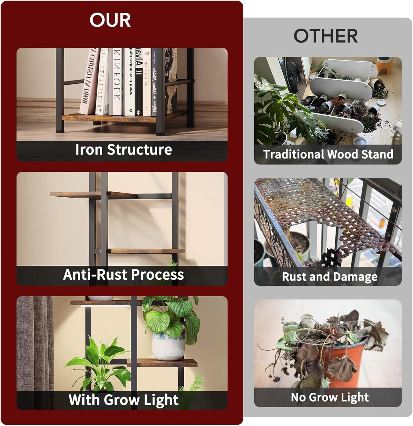 Plant Stand Indoor with Grow Light, 7-Tiered Tall Plant Stand Indoor, Metal Plant Shelf with Bookshelf Bookcase and Adjustable Light, Ideal for Living Room, Reading room, Garden, Patio (Brown)