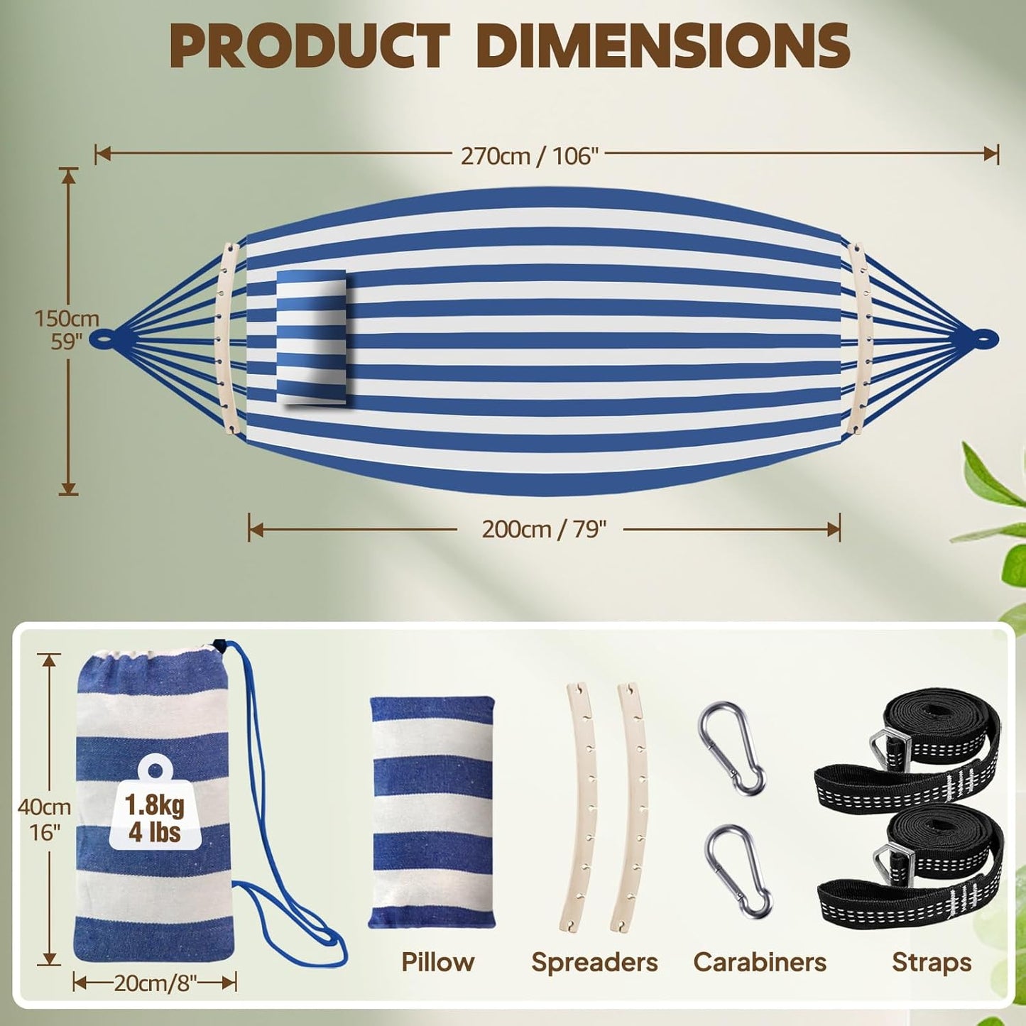 Chihee Cotton Hammock Large Soft Breathable Camping Hammock Holds Up to 660lbs Portable Tree Hammock with Detachable Spreader Bar Pillow 2 Strong Webbings 2 Carabiners Patio Garden Indoor Outdoor