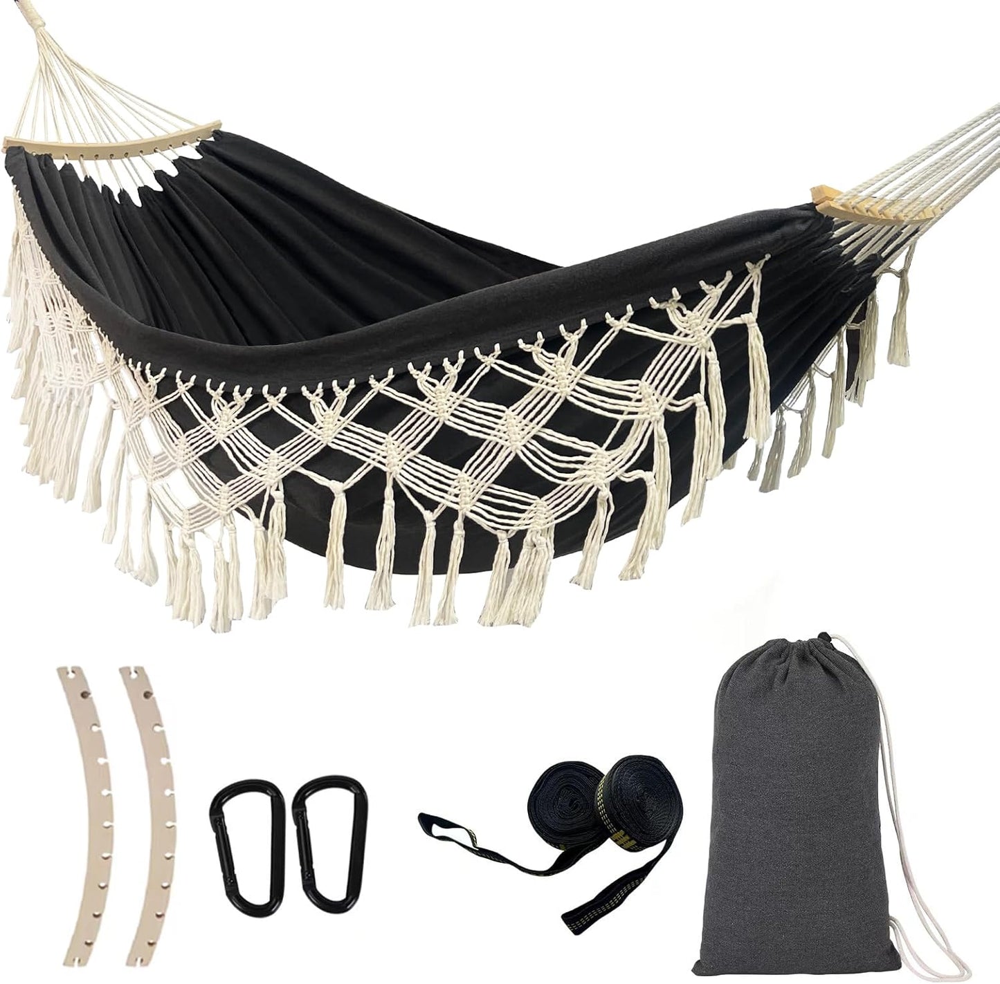 Hammock Hanging Swing Double Max 500lbs Macrame for Indoor Outdoor Patio Yard Garden (Black Gray)