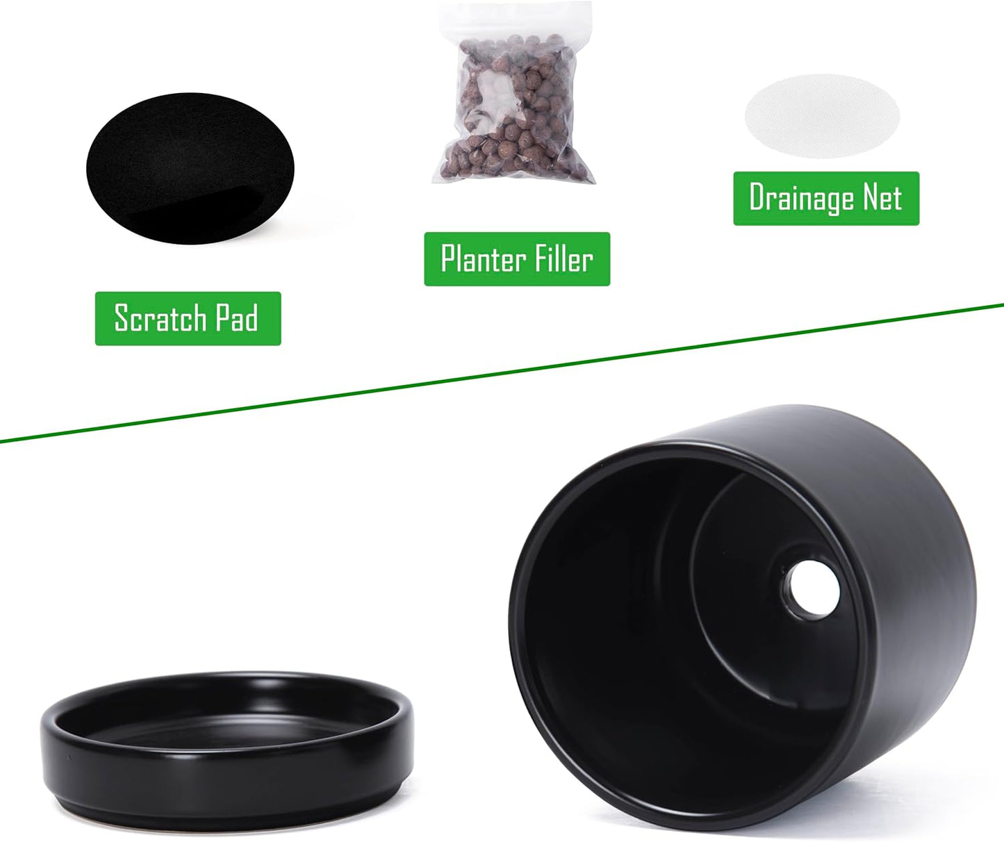 D'vine Dev 3.5 Inch & 4.7 Inch Ceramic Planter Pots for Plants with Drainage Hole and Saucer, X-Small Plant Pots Set, Black, 94-G-XS-2