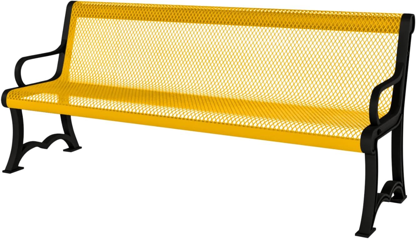 Coated Outdoor Furniture Heavy-Duty Outdoor Bench Thermoplastic Coated, Expanded Metal, Commercial-Grade Garden Bench, Made in America (Portable with Back, 4 Ft, Yellow)
