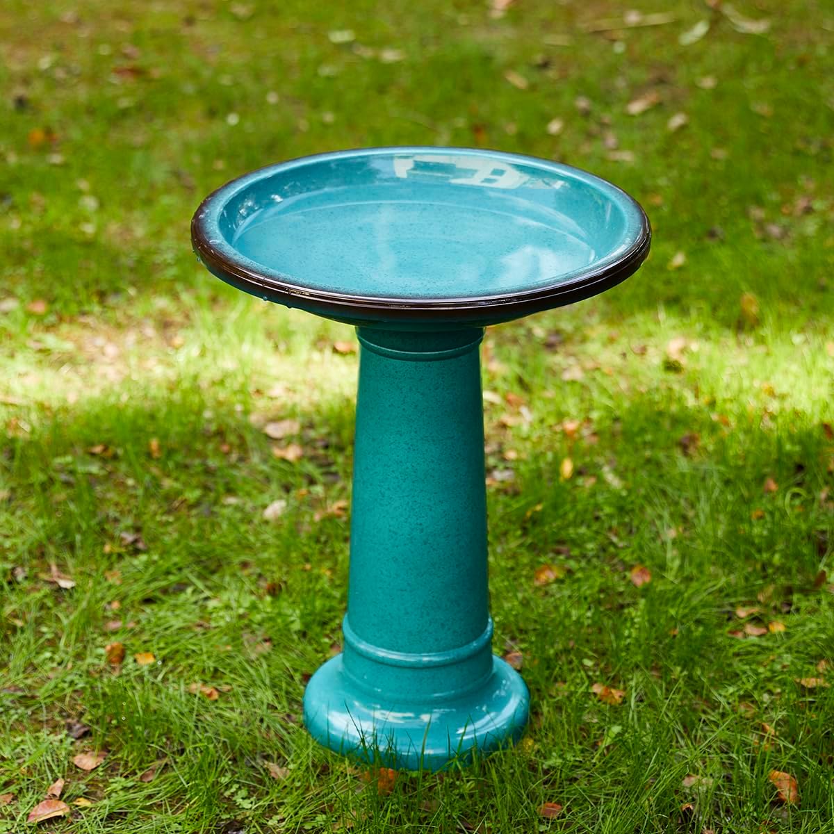 Glitzhome 21.5" H Plastic Turquoise Faux Ceramic Bird Bath for Outside, Hand-Painted Tall Pedestal Birdbath in Weather Resistant for Outdoor Patio Garden Backyard Decking