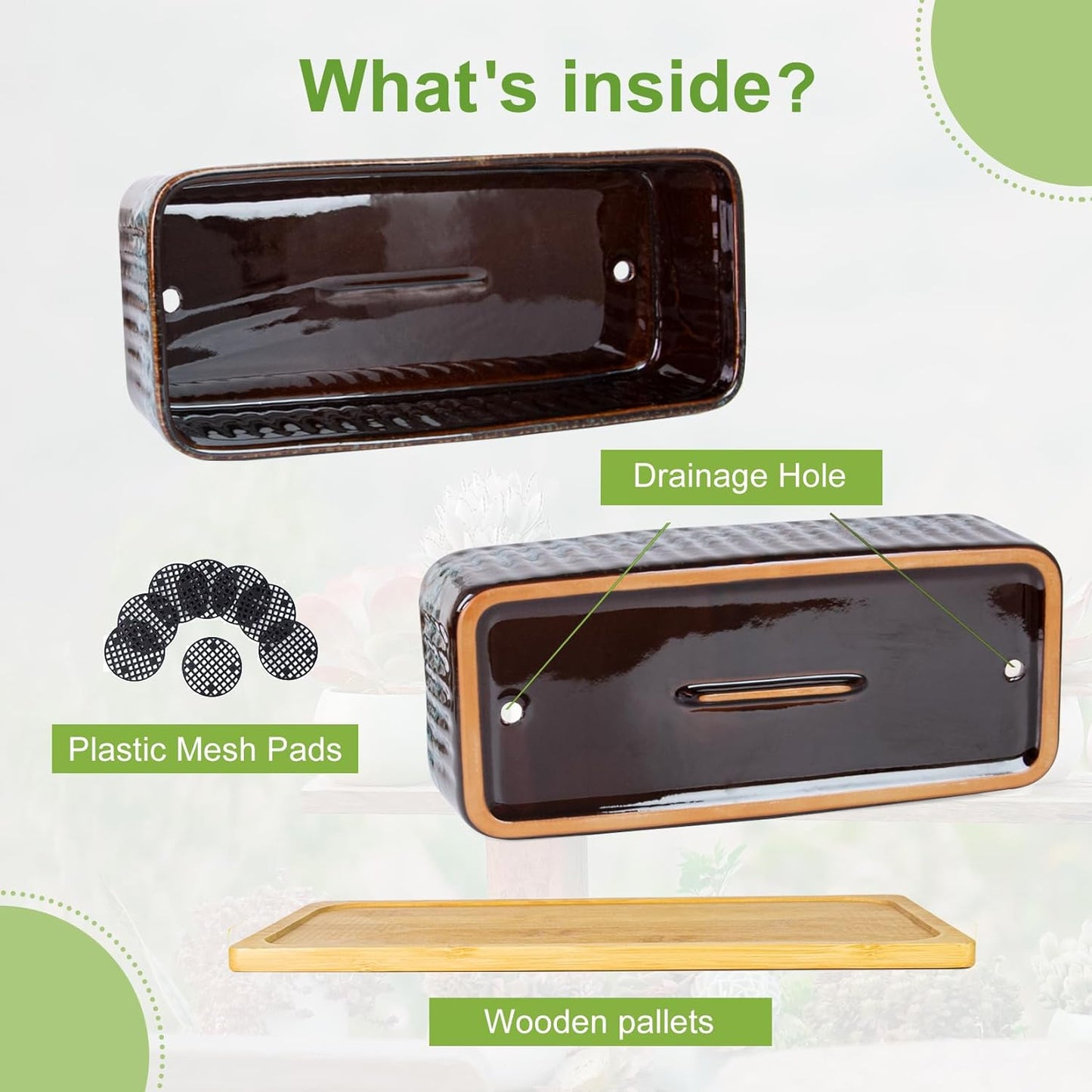 Succulent Pots - 12 Inch Large Succulent Planters with Drainage Tray, Window Sill Planter, Long Rectangle Ceramic Pots for Indoor Cactus Plants Shallow Bonsai Window Box for Home Garden Decor