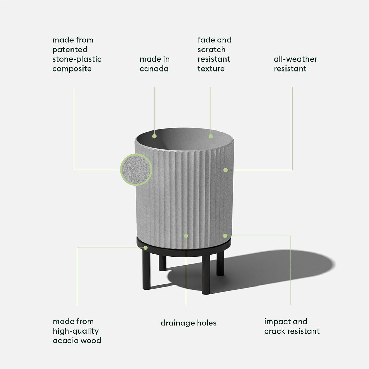 Veradek Demi Series Round Planter w/Stand for Porch/Patio | Durable Plastic-Stone Composite & Wooden Stand | Modern Décor for Tall Plants, Flowers