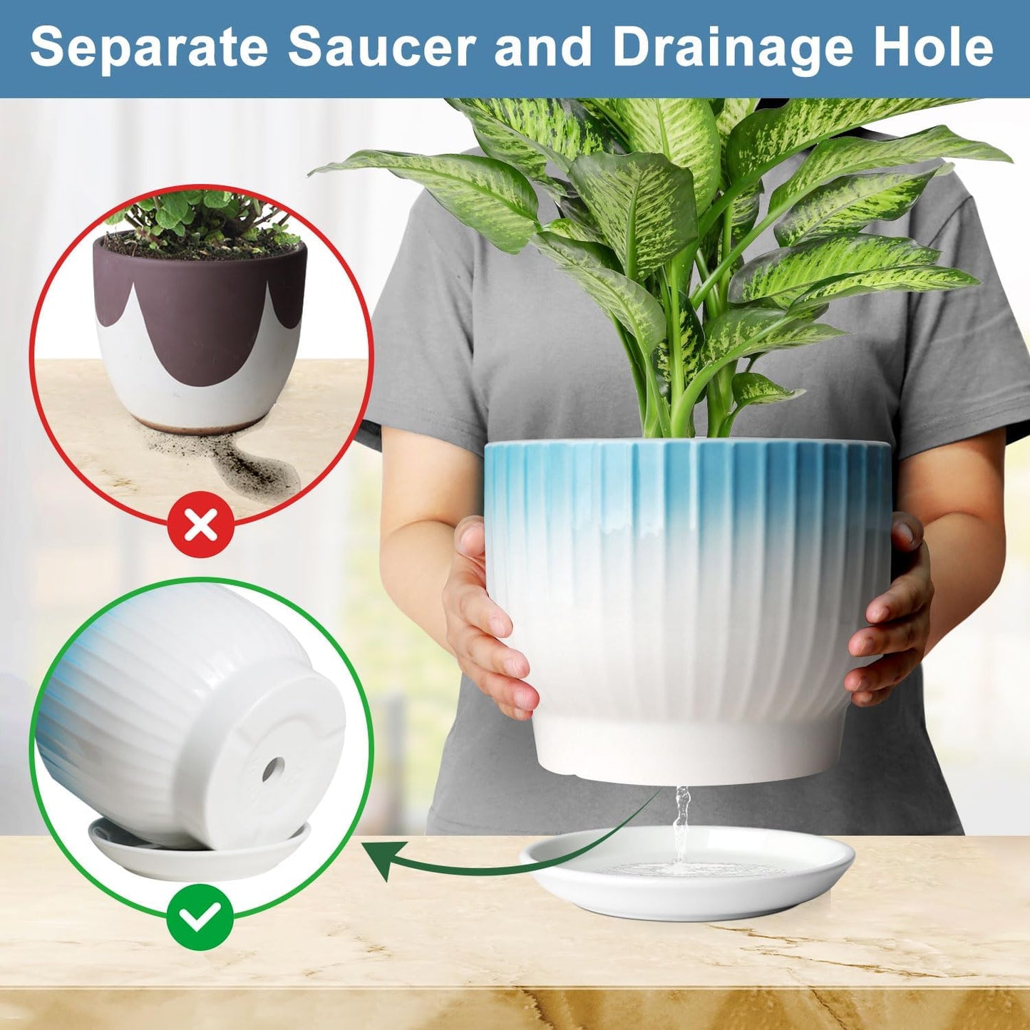 8 Inch Plant Pot, Ceramic Planter with Drainage and Saucer, Ceramic Pots for Plants, Indoor Plant pots,Ceramic Flower pots(Blue + White, Plants NOT Included)