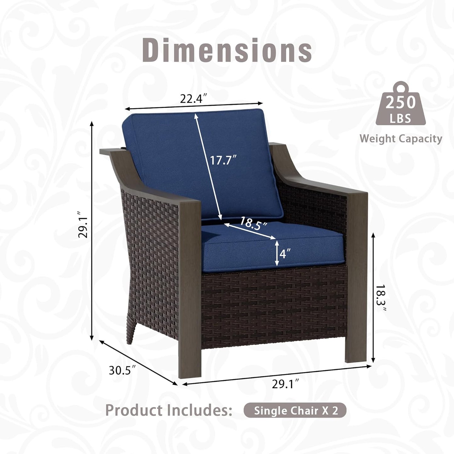 Outdoor Wicker Chair Set of 2, All-Weather Use Patio Rattan Chair with Removable Water-Resistant Cushion, Ideal for Porch, Backyard, Balcony, Poolside, Blue