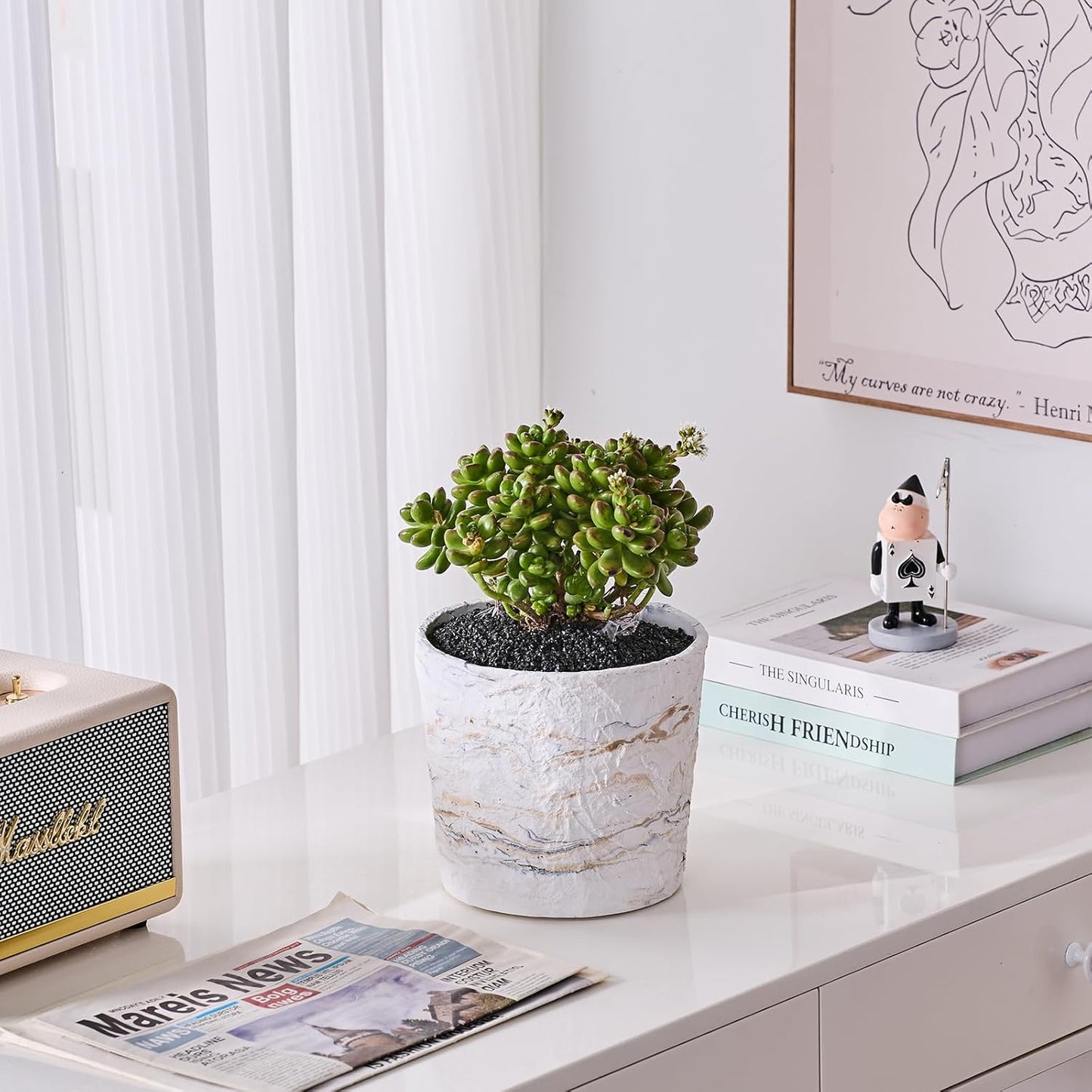 Ekirlin 7 Inch Natural Ore Textures Plant Pot, Resin Outdoor Planters with Drainage Hole, Removable Rubber Stopper and Non-Slip Soft Pad,Weatherproof Decorative Pot for Indoor/Garden Plants