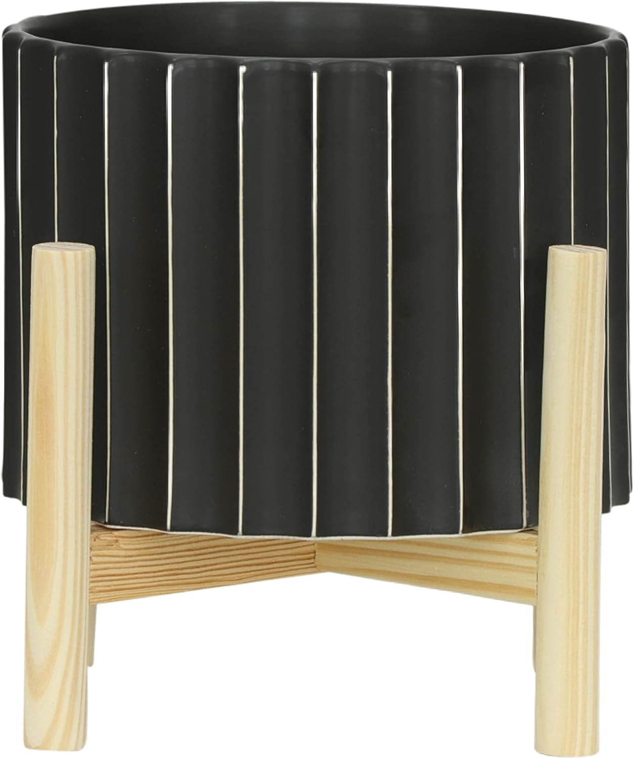 Ceramic Planter with Pine Wood Stand – Plant Pot – Durable Stoneware Planter for Indoor Outdoor Use – Modern Minimalist Plant Holder for Home Decor, Living Room, Garden, Balcony – 9", Black Fluted
