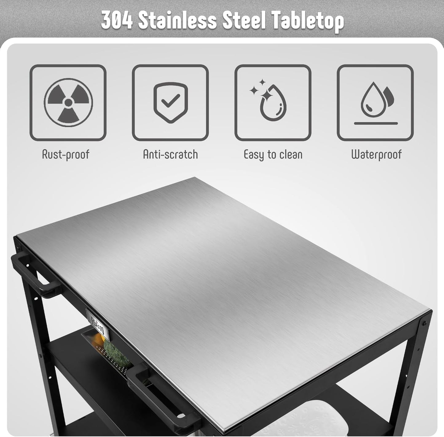 36''x 24'' Large Movable Pizza Oven Table for Outdoor, 304 Stainless Steel Grill Cart with Wheels, 3-Shelf Outdoor Kitchen Prep Table Pizza Oven Stand on Wheels for Pizza Oven& Griddle