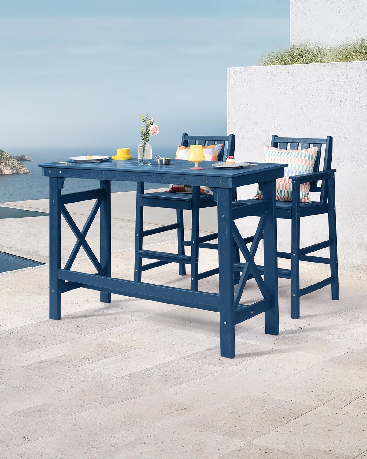 3 Pieces HDPE Outdoor Patio Bar Set, Rectangular Outdoor Bar Height Table and Chairs Set, Adirondack Patio Bar Stools Set, Outdoor Bar Table and Chairs Set for Balcony, Poolside, Porch, Navy