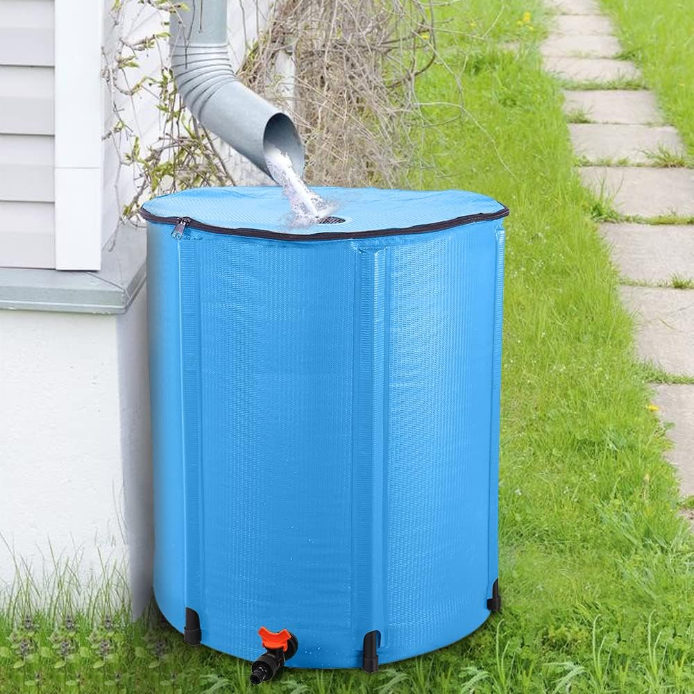 Collapsible Rain Barrel, 50 Gallon Portable Rainwater Collection System, Water Storage Tank, Rain Catcher Barrel with Spigots and Overflow Kit, Rain Water Barrel Collector for Garden, Blue