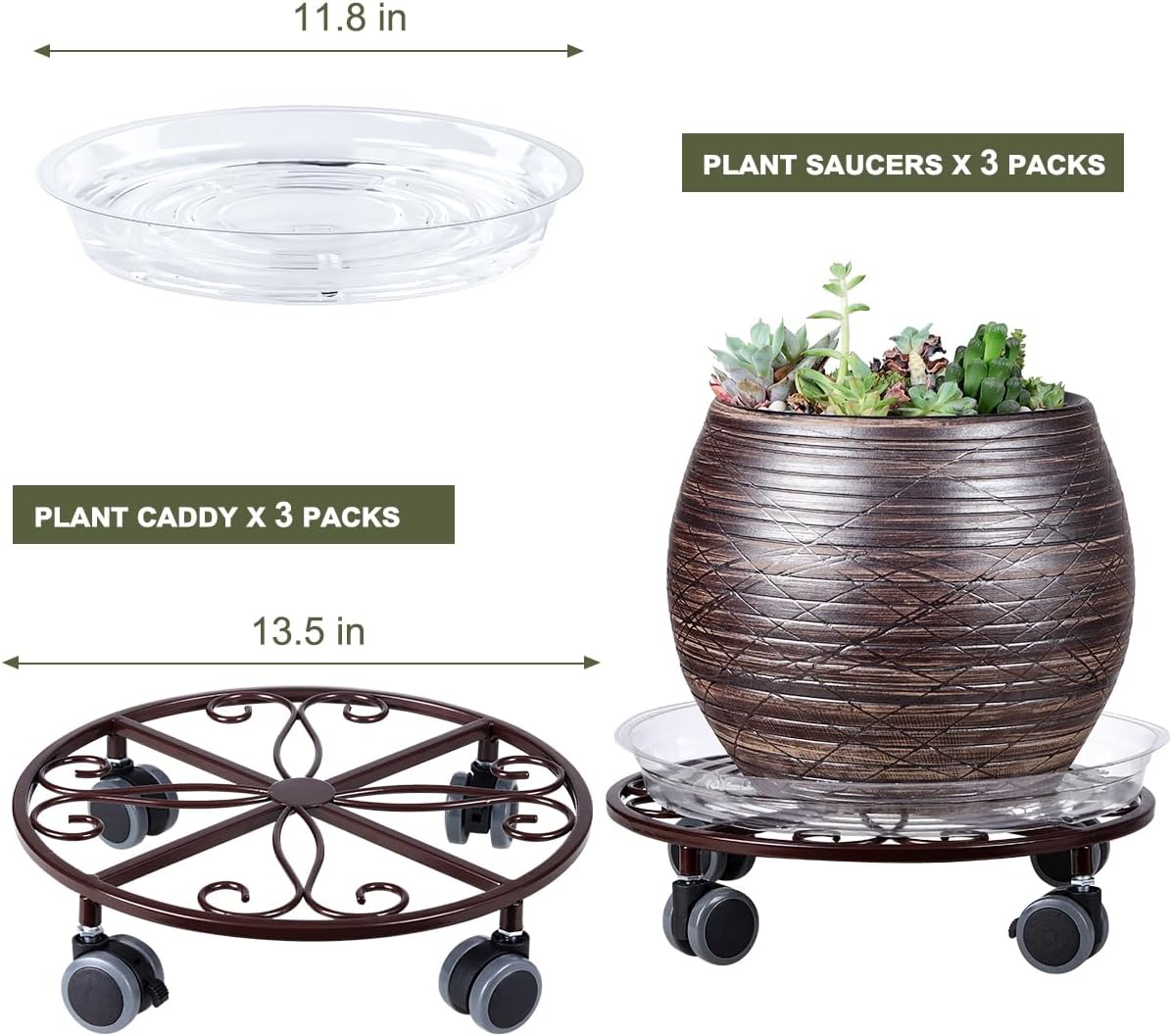 3 Pack Plant Caddy with Wheels Heavy Duty 13.5 Inches Metal Plant Stand with Wheels Plant Dolly Rolling Plant Stand Plant Roller with Casters for Indoor and Outdoor, Bronze