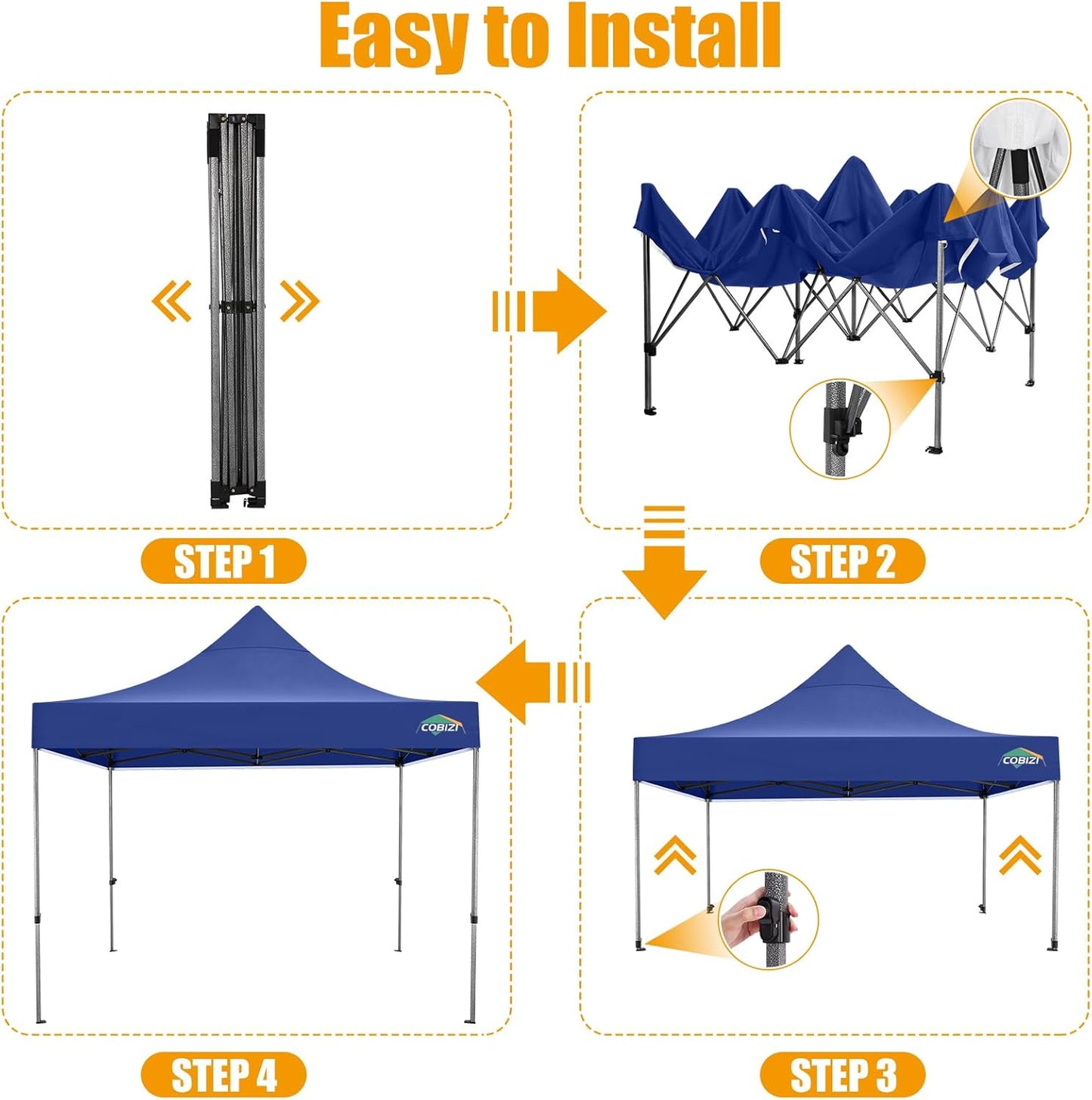 COBIZI 10x10 Pop Up Canopy Without Sidewall,Heavy Duty Canopy UPF 50+ All Season Wind Waterproof Commercial Outdoor Wedding Party Tents for Parties Gazebo with Carry Bag(10 x 10 ft Dark Blue)