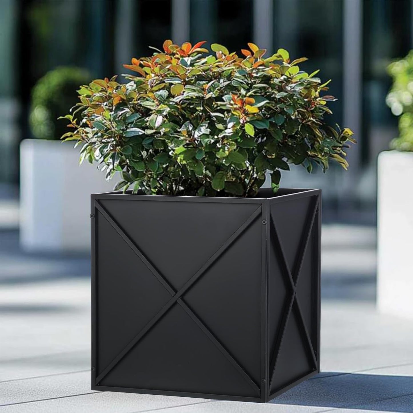 Metal Square Planter Box Tall Planters for Outdoor Plants Modern Heavy Duty with Drainage Holes for Outside Indoor Patio Deck - Black, 17”x 17”x 18”