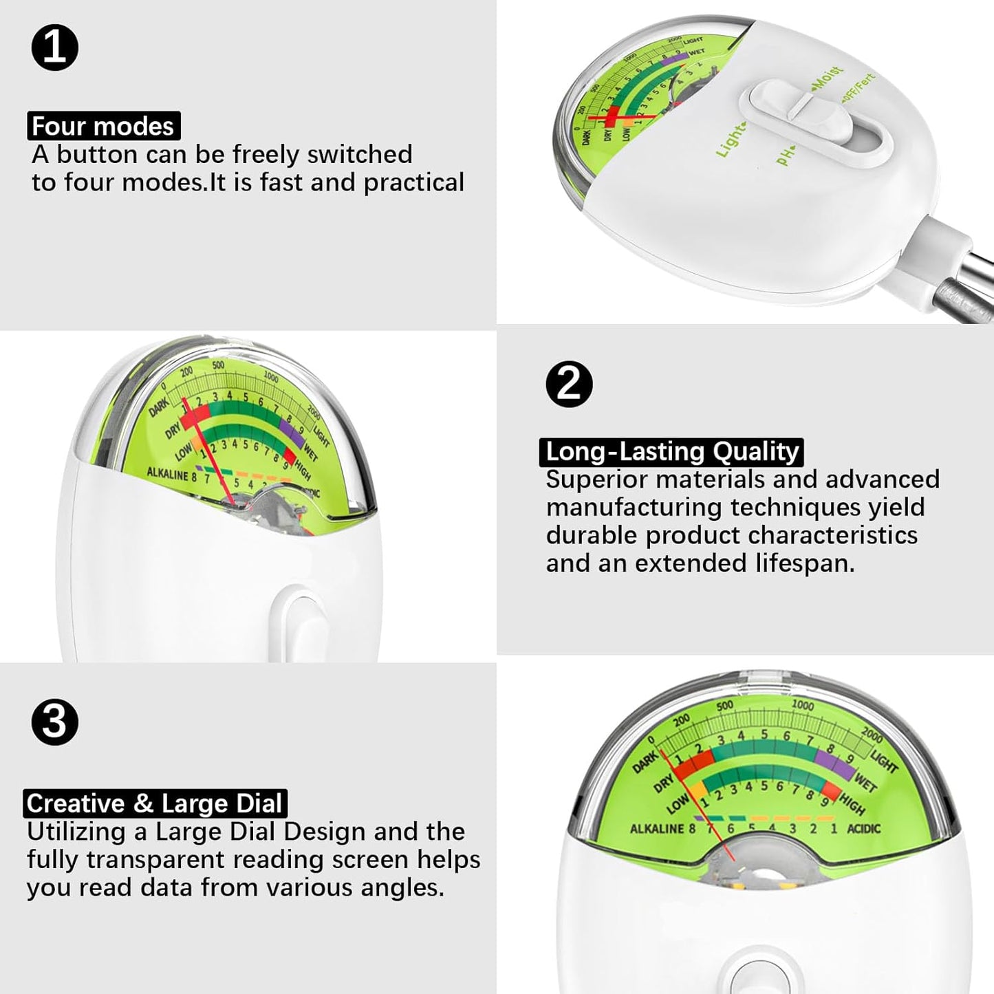 4-in-1 Plant Soil Tester with pH, Moisture, Fertility & Light Meter, Rotatable Dial Soil Test Kit, No Battery Required for Garden, Lawn, Farm, Indoor & Outdoor Plants, White